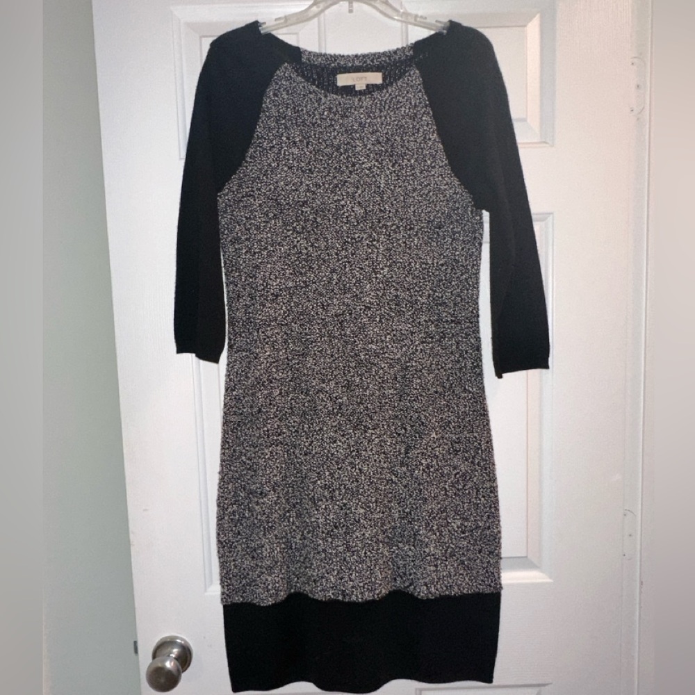 Ann Taylor Loft Tweed 3/4 Length Sleeve‎ Sweater Dress Size Medium Black White